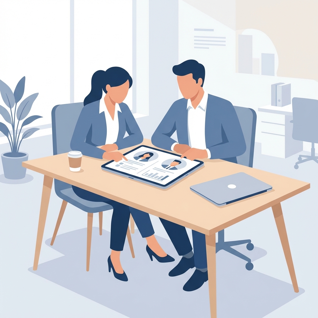 코리아타운 LA 사무실에서 이중언어 후보자 프로필을 검토하는 TKStaff 리크루터